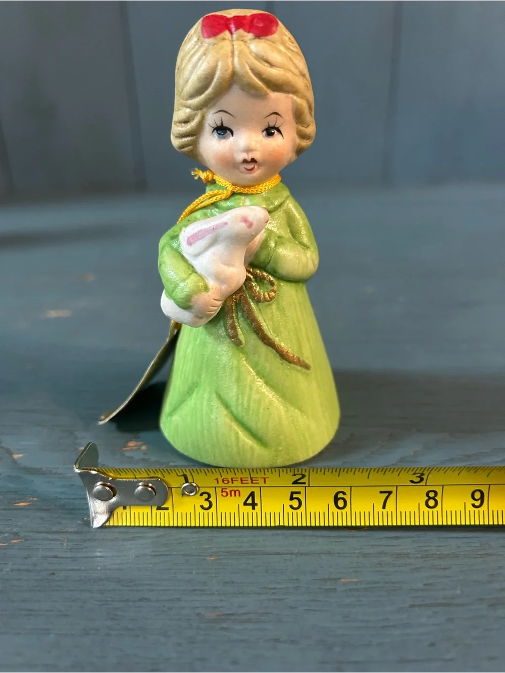 JASCO Vintage 1978 Merri Bells - Green Girl Figurine Holiday Decor with Bunny